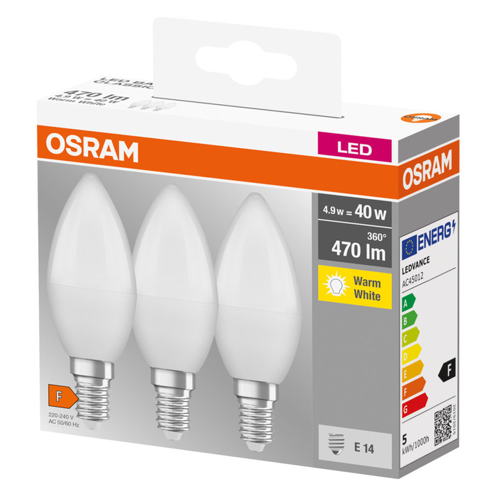 Osram LED kertepære E14 4,9 W 3-pk.